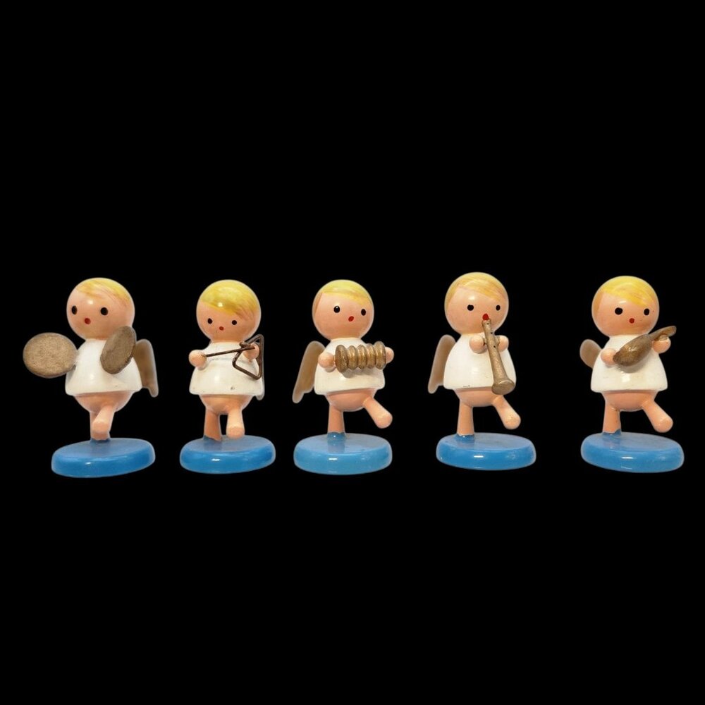 5 Wood Angel Musical Christmas Figurines Goula Spain Erzgebirge 2" Vintage READ